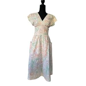 Vintage 1980s Joni Blair Pastel Floral Midi Dress Size 7  Cap Sleeve V-Neck Tie